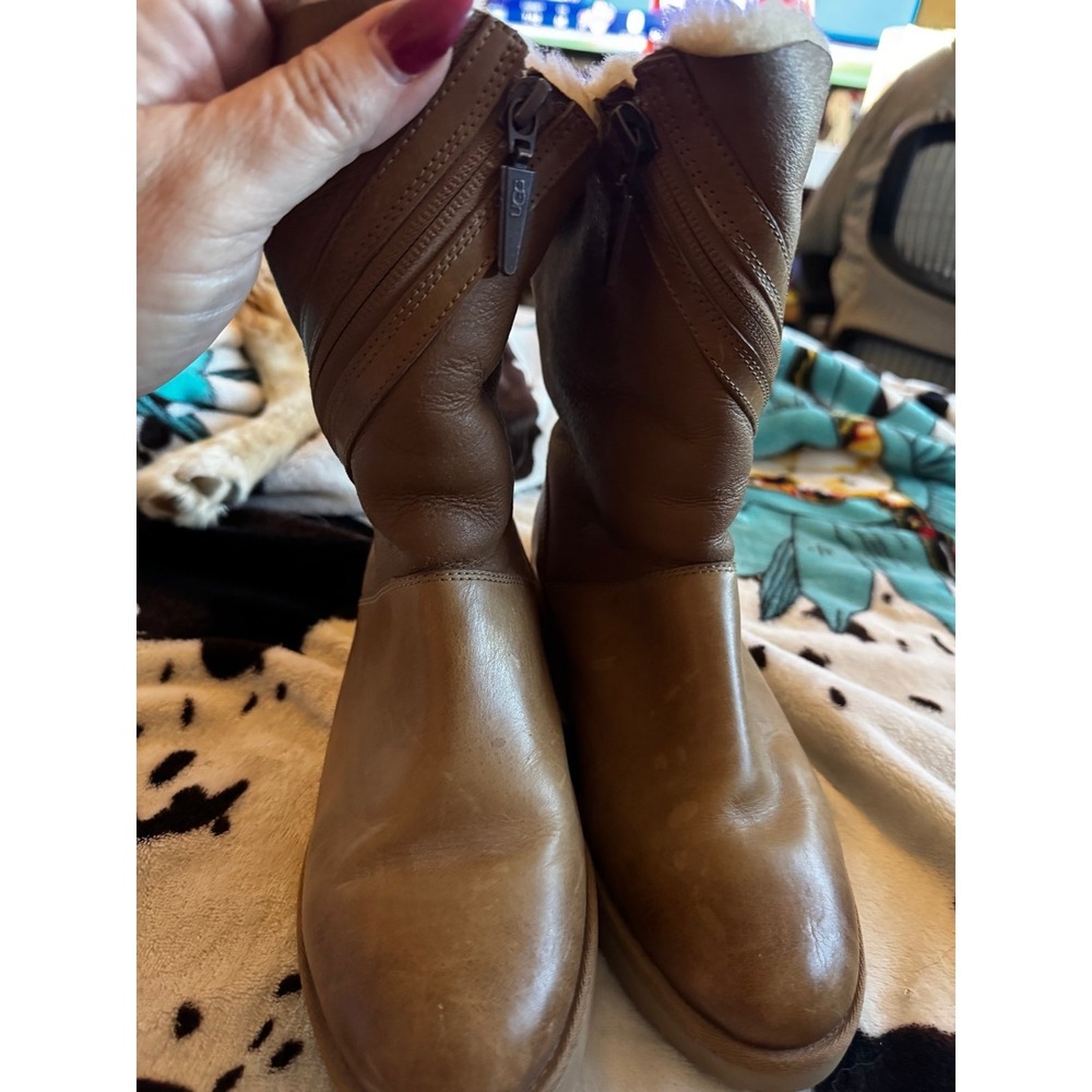UGG Lorna Size 6 1012440 Mid Calf Leather Wedge Zipper Brown Boots EUC